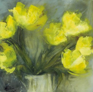 'Yellow tulips in old jug' acrylic/mixed-media on canvas © Mari French