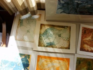 Poppy collagraph prints produced by fellow student Dee (photo © Mari French)