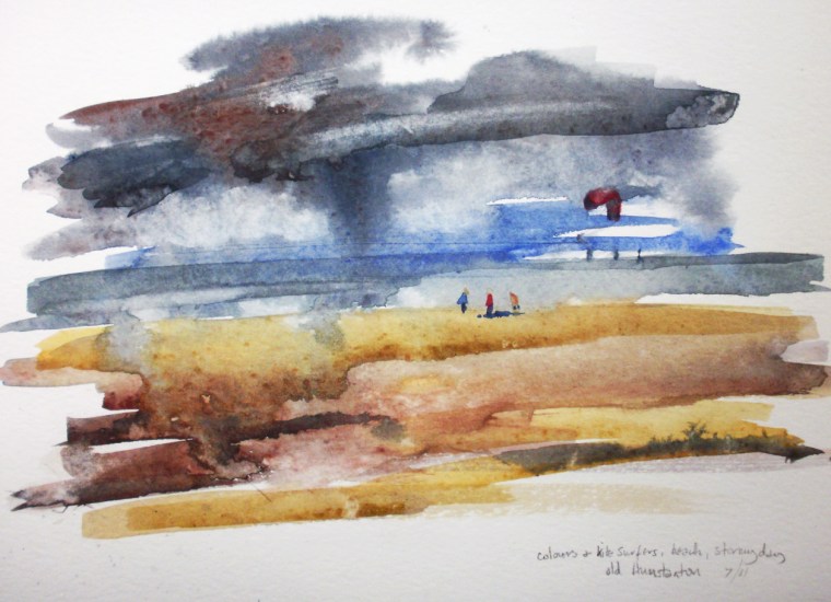 Old Hunstanton Beach with kite surfers (watercolour) © Mari French 2011