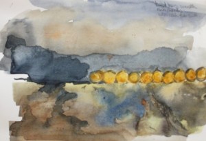 haybales catching the sun - watercolour sketch © Mari French 2011
