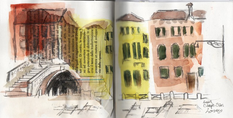 venetian square, sketchbook watercolour/collage © Mari French 2012