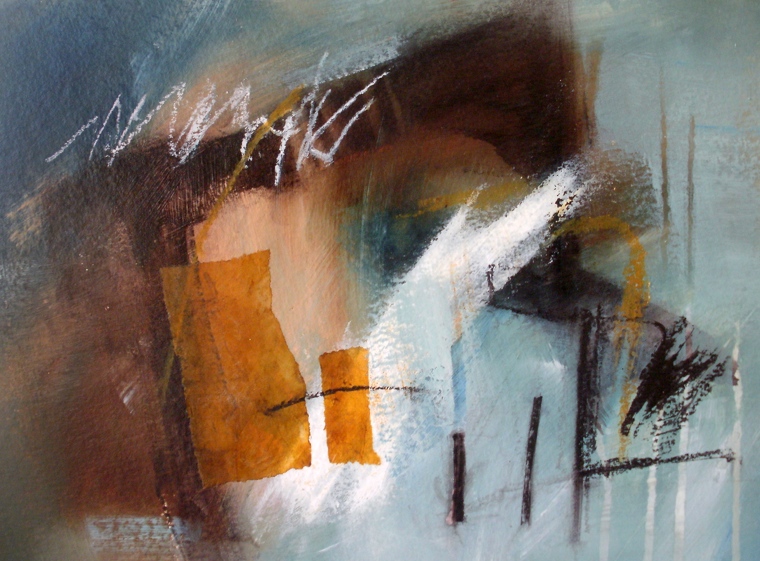 Reed beds and bird calls. Mixed media on watercolour board. Mari French.