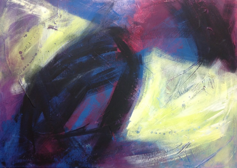 Coastlines, abstract in pinks and blues.