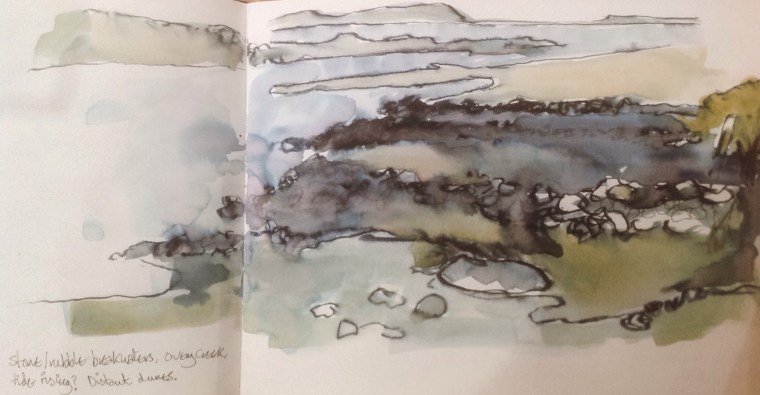 Breakwaters, Overy creek. Sketchbook, Mari French 2015