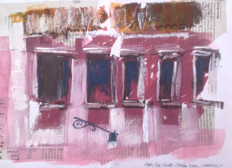 Above the shops. Sketchbook spread. © Mari French 2016