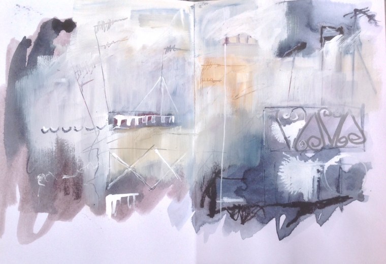 Rooftops abstract. Sketchbook spread. © Mari French 2016