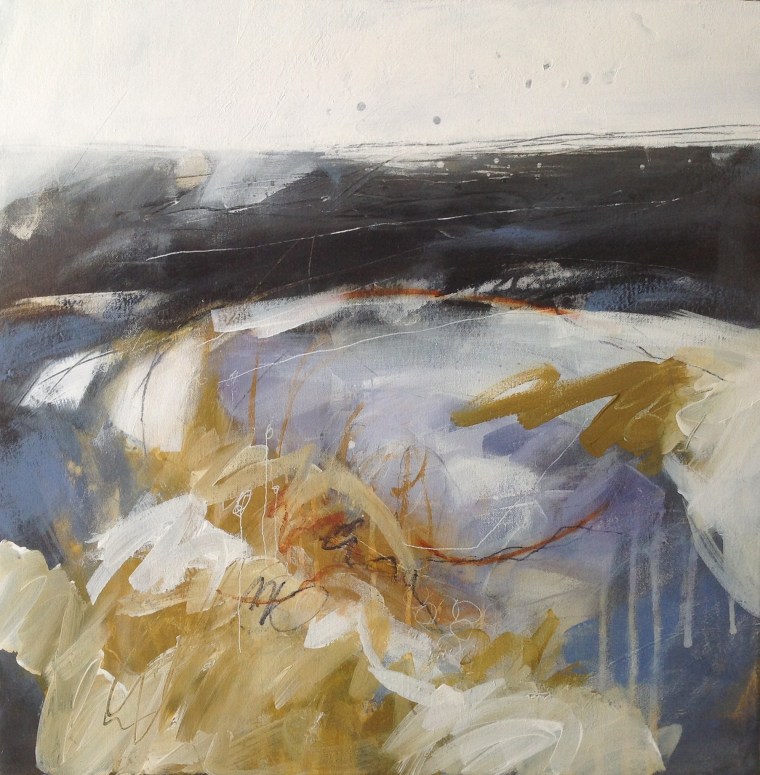 Ragged Marsh at Thornham, Norfolk, with wildflowers. Abstract landscape in mixed media painting on canvas © Mari French 2018