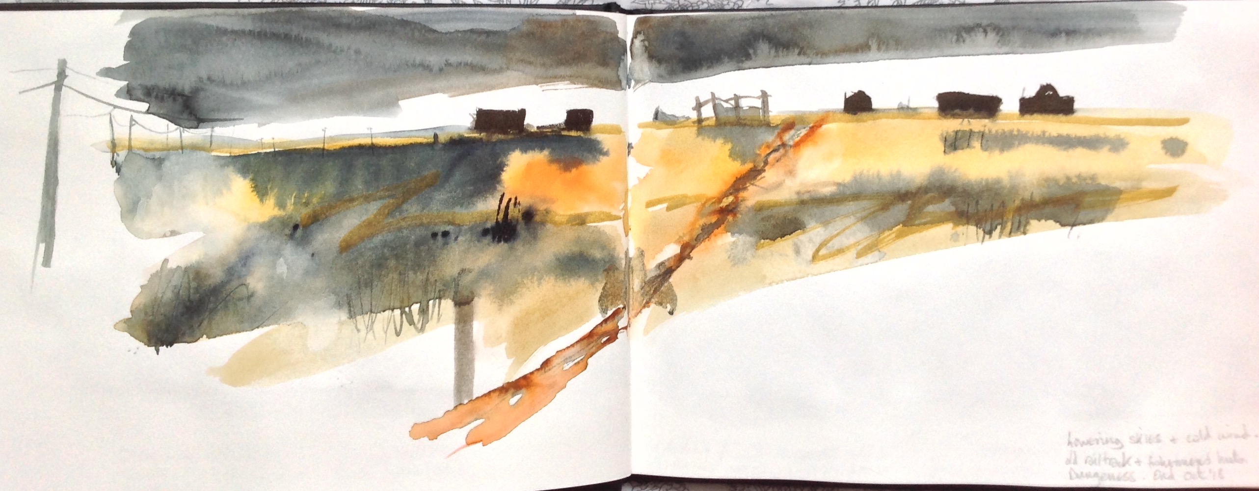 Dungeness, tracks & fishing huts. © Mari French 2018