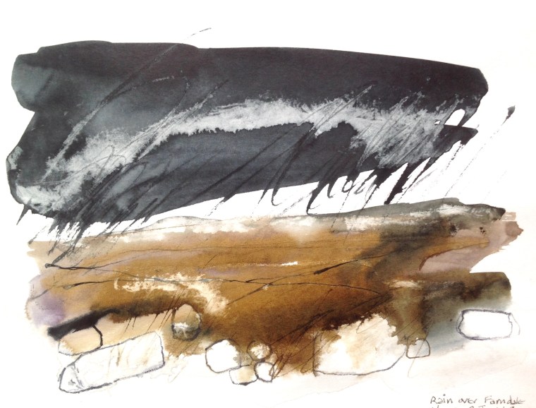 Abstract landscape sketch of moorland under rain, in ink and charcoal.