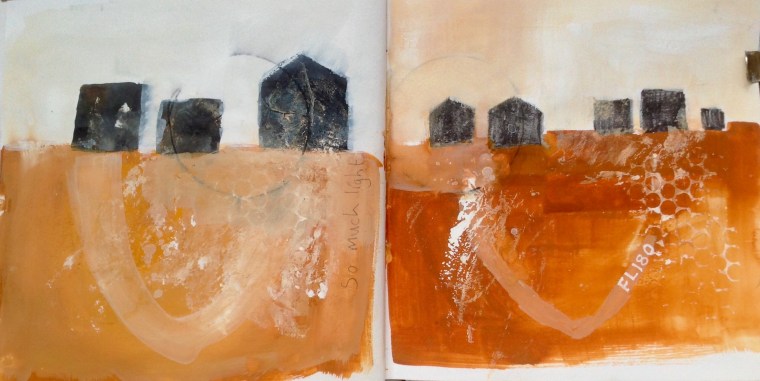 Dungeness fishing sheds, mixed media, sketchbook. © Mari French 2019