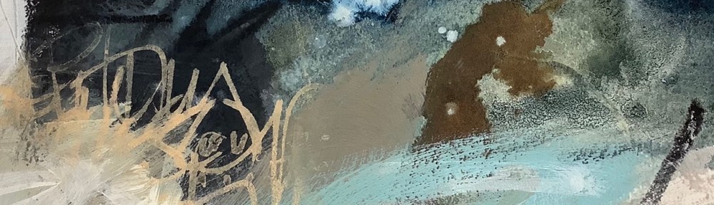 Abstract coastal painting in mixed media on paper, by Mari French 2021